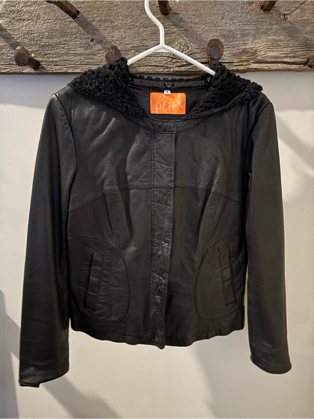 Blink Black Leather Hooded Jacket with Knit Trim